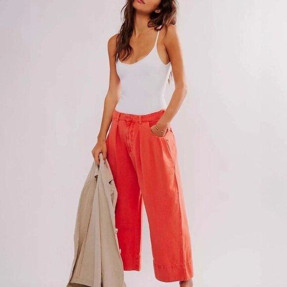 Free People Sweet Talk Chino Trousers Pants Mid-Rise Cropped Wide Leg XS 278602 - Picture 1 of 9